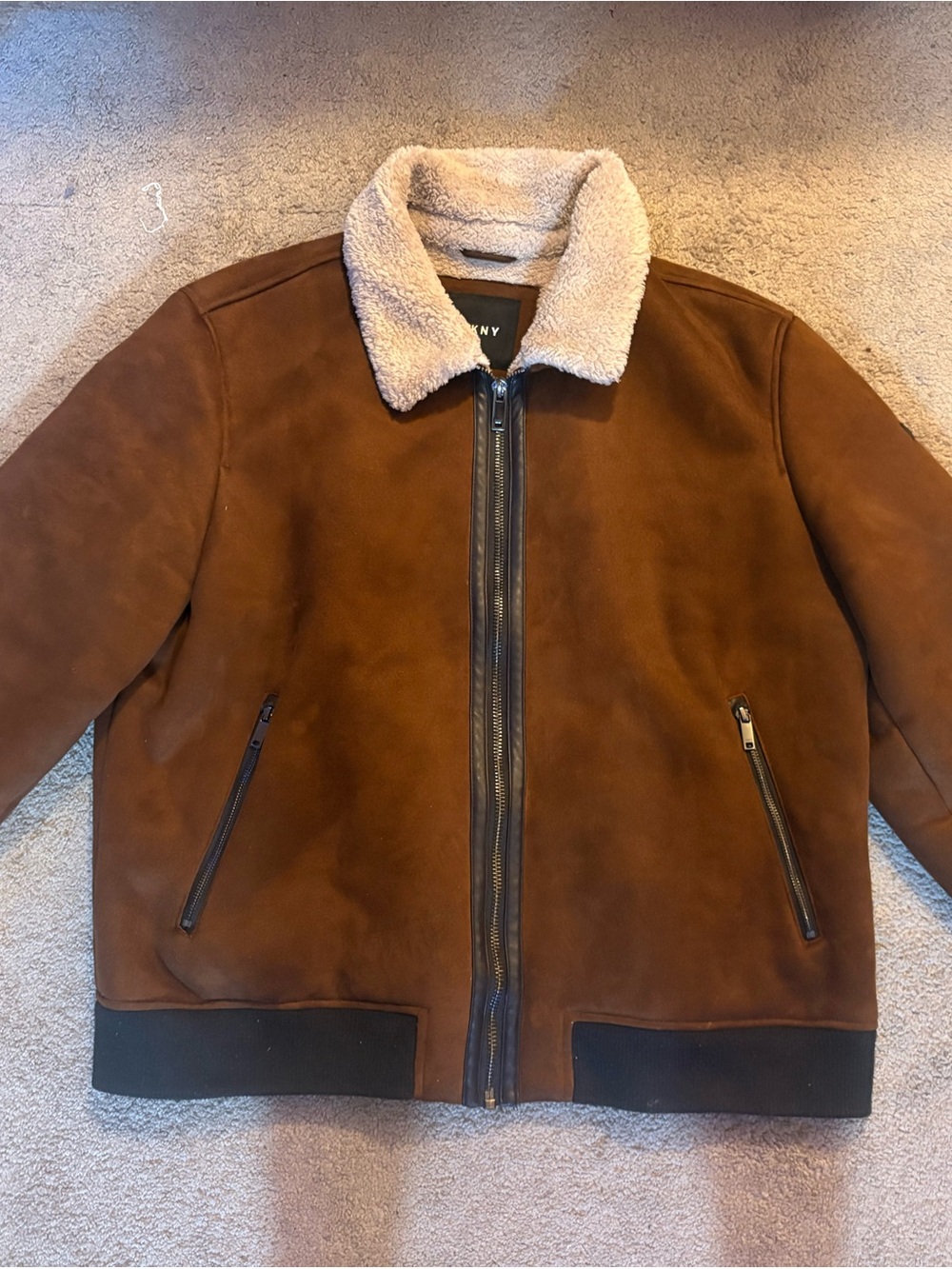 DKNY Brown Suede Bomber Jacket with Sherpa Collar and Inside